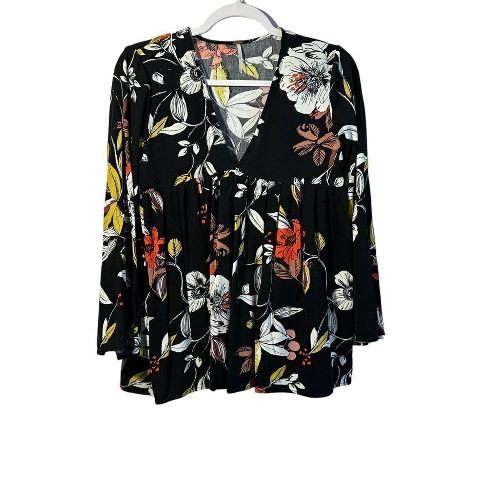Free People Bella Tunic XS Black Multi Bell Sleeves Floral V Neck Boho